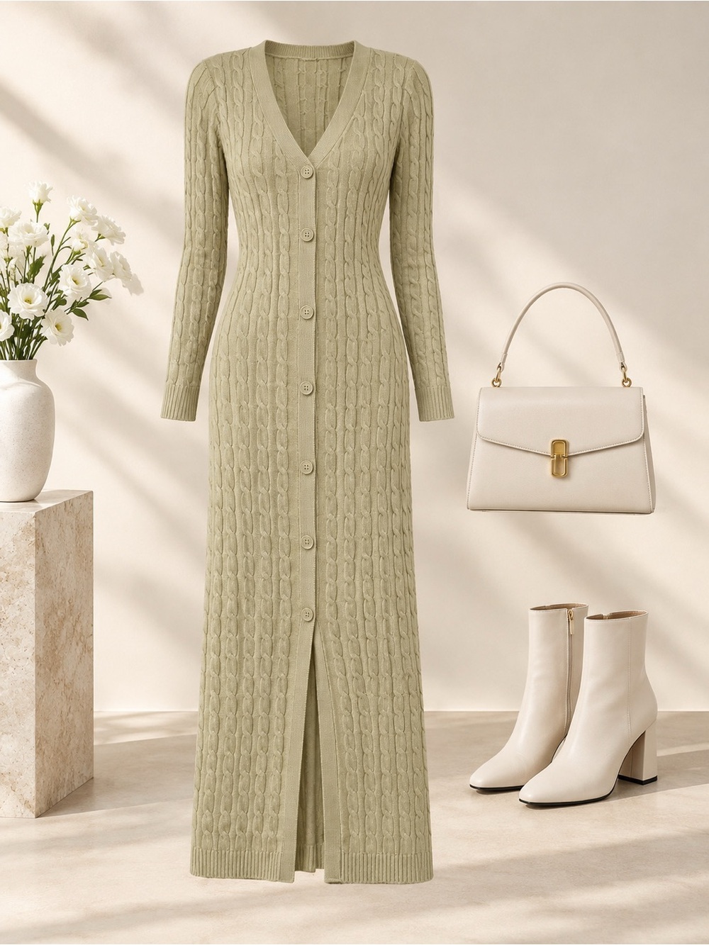 Cable Knit Button-Front Maxi Dress — Beige/Cream Colour